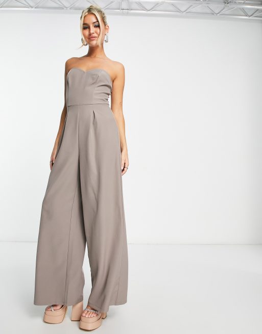 Public Desire - Tuta jumpsuit a fascia con fondo ampio color fungo