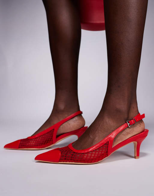 Public Desire Two Faced mesh pointed kitten heeled shoes with heart in red, 4 of 4
