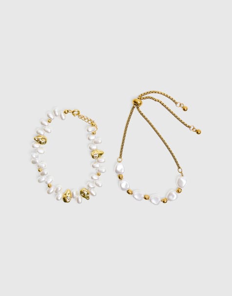 Public Desire Two pack of plated pearl detail bracelets in gold & pearl - view 1