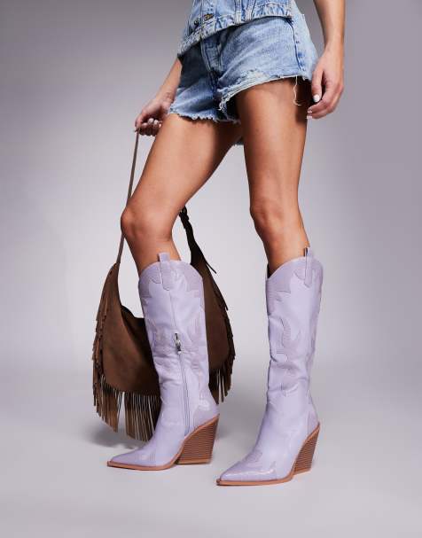 Public Desire Underwood snake western cowboy block heel knee high boots in lilac - view 1