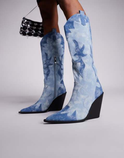 Public Desire Underwood western cowboy block heel knee high boots in mixed denim - view 1