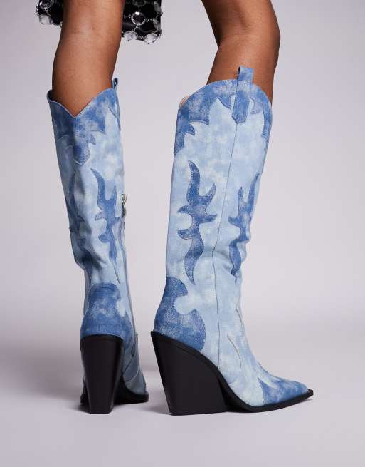 Public Desire Underwood western cowboy block heel knee high boots in mixed denim, 3 of 4