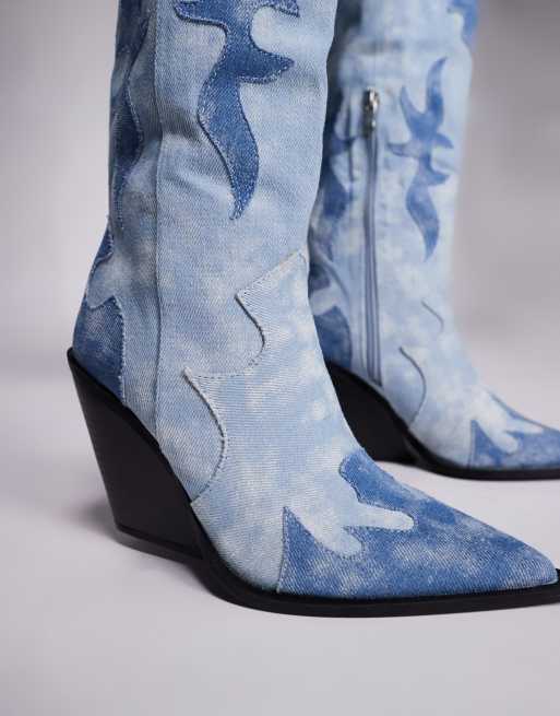 Public Desire Underwood western cowboy block heel knee high boots in mixed denim, 4 of 4