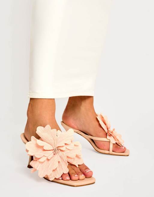 Public Desire Varley 3-d flower mule mid heels in peach