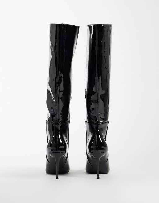 Public Desire Venezuela stiletto heel knee boots in black patent, 3 of 5