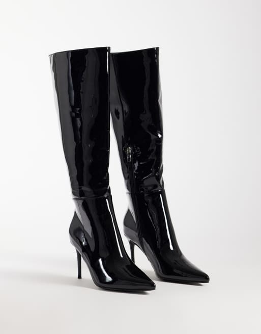 Public Desire Venezuela stiletto heel knee boots in black patent, 5 of 5