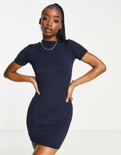 Public Desire - Vestito corto aderente a doppio strato con maniche ad aletta blu navy