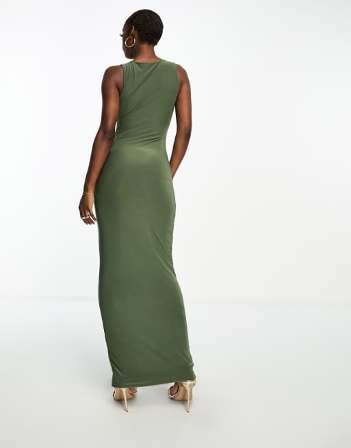 Public Desire - Vestito midi kaki con scollo a vogatore e fodera doppia, 2 di 4
