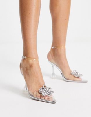 Public Desire Midnight Heeled Shoes With Diamante Bow Detail In Clear-silver