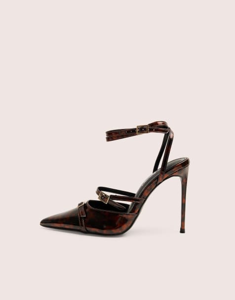 Public Desire Viper print three strap buckle detail court heels in black - view 1