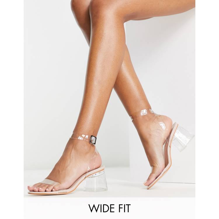 Public Desire Wide Fit Afternoon mid clear heeled sandals ASOS