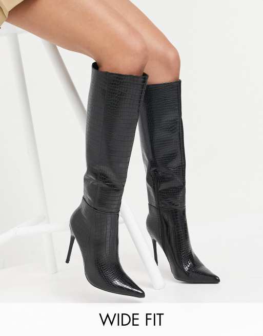 Public Desire Wide Fit - Aimi - Bottes hauteur genou effet croco - Noir