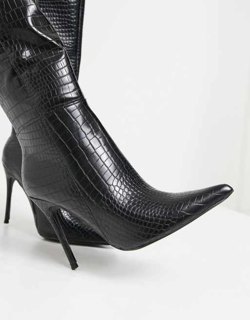 Public Desire Wide Fit Aimi knee boots in black croc, 2 of 4