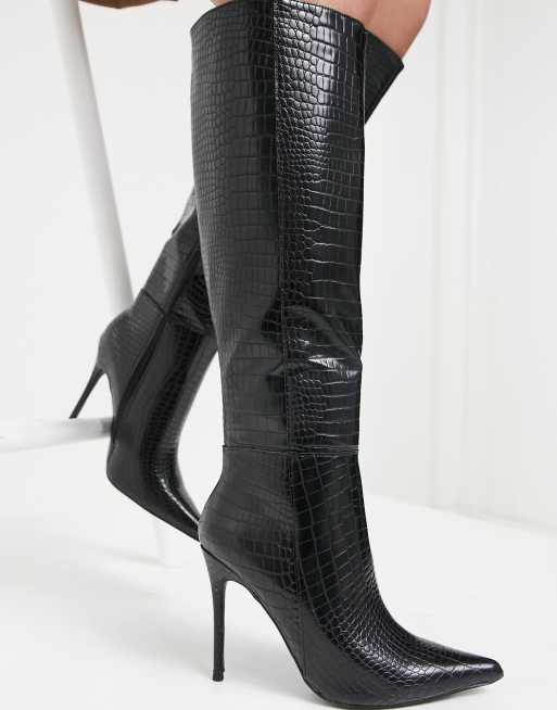 Public Desire Wide Fit Aimi knee boots in black croc, 3 of 4