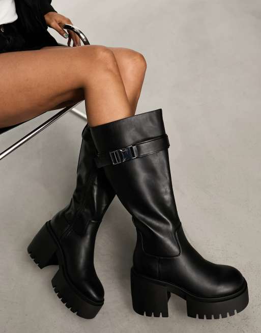 Black pu buckle detail best sale chunky over the knee boots