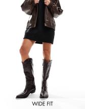 Pull&Bear faux leather western knee high boots in black