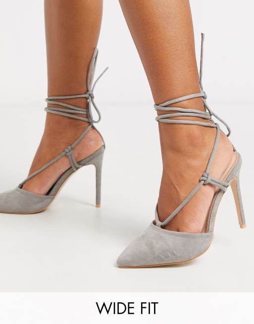 Public Desire Wide Fit Bardot tie up heeled shoes in grey ASOS