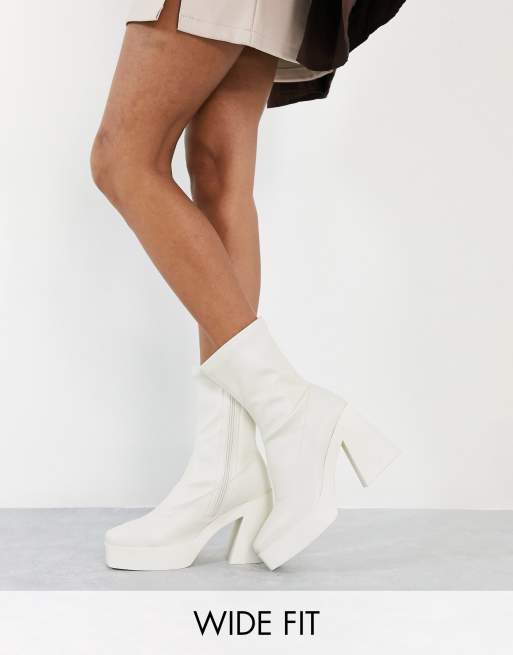 Public Desire Wide Fit Be mine high heeled sock boots in ecru stretch