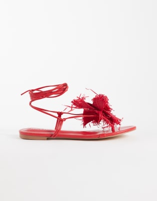 Becca - Flache Sandalen in Rot mit Bast-Blumen, weite Passform Rot 37