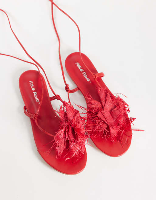 Public Desire Wide Fit Becca raffia flower flat sandals in red, 2 of 4