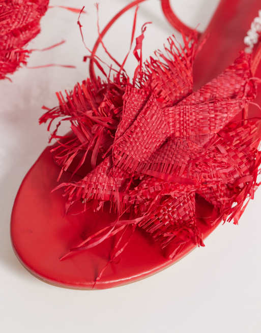 Public Desire Wide Fit Becca raffia flower flat sandals in red, 3 of 4