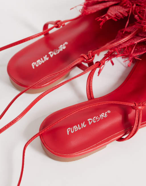 Public Desire Wide Fit Becca raffia flower flat sandals in red, 4 of 4