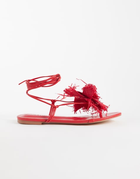 Public Desire Wide Fit - Becca - Sandales plates en raphia à détail fleur - Rouge - view 1