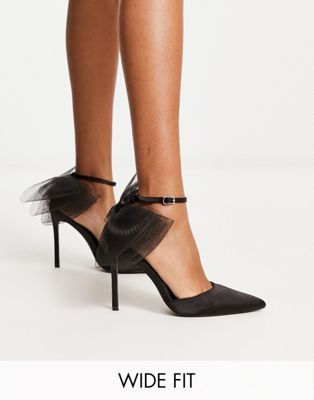 Public Desire Wide Fit Belle pointed shoes with tulle bow in black