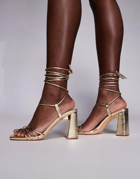 Public Desire Wide Fit Bergamot tie leg block heeled sandals in gold - view 1