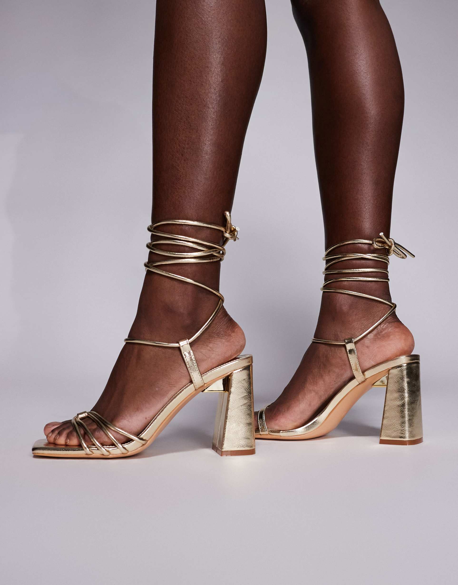 public desire wide fit bergamot tie leg block heeled sandals in gold