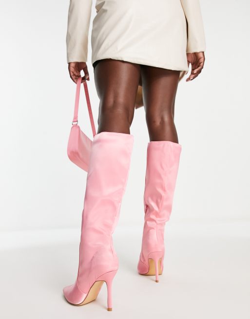 Public Desire Wide Fit Best Believe knee high heel boots in pink satin