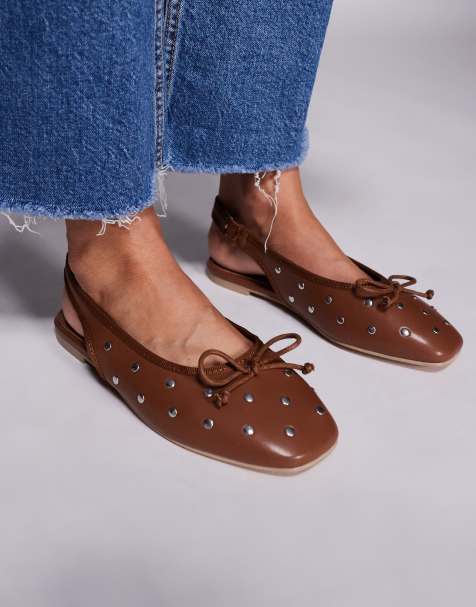 Public Desire Wide Fit Bia sling back ballet flats with flat studs in Brown - view 1