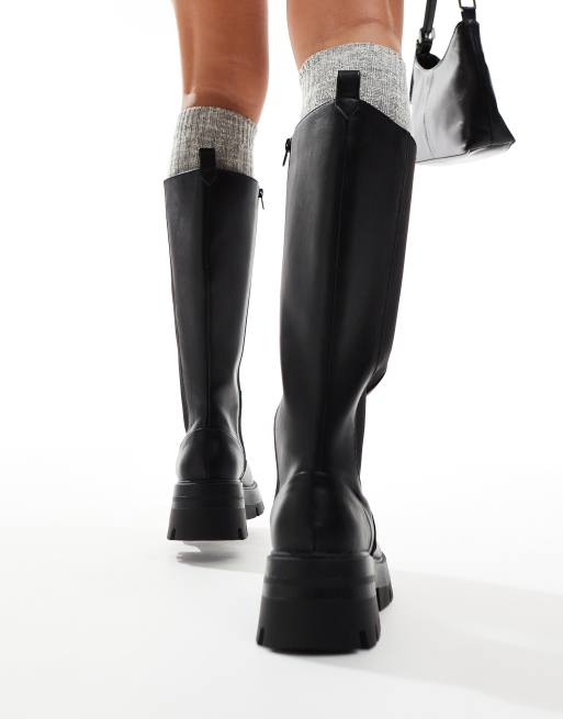 Public Desire Wide Fit Bryant pull on knee boots in black PU