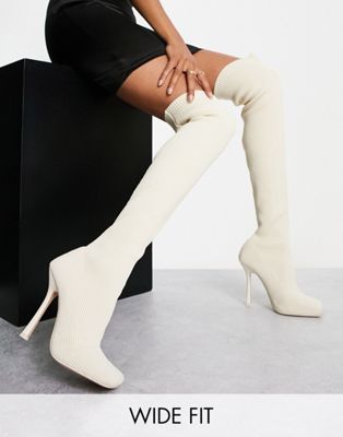 Public Desire Wide Fit Bubbles over the knee knitted stiletto boots in off white  - ASOS Price Checker