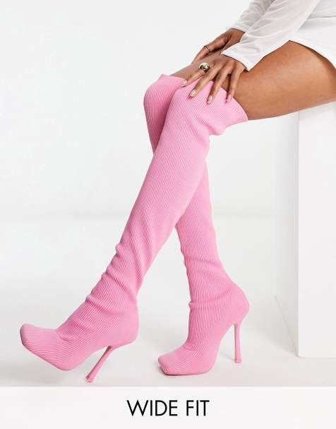 Public Desire Wide Fit - Bubbles - Gebreide over-de-knie stilettolaarzen in roze - view 1
