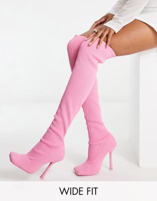 Public Desire Wide Fit - Bubbles - Overknee-Stiefel aus Strick in Rosa mit Stiletto-Absatz