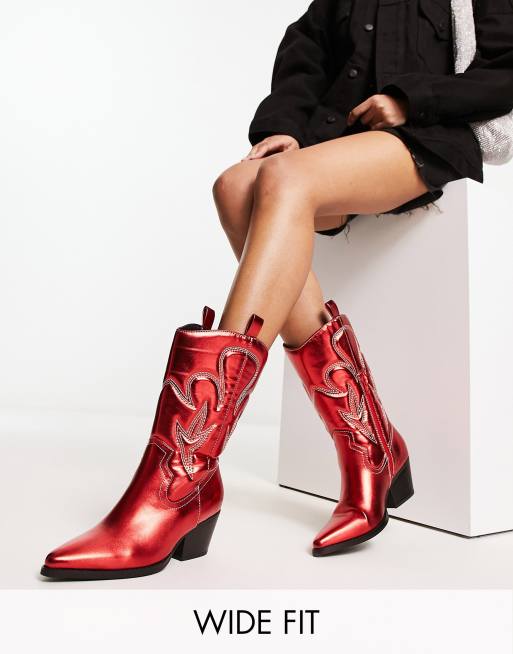 Public Desire Wide Fit Calabasas western boots in red