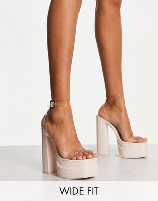 Public Desire Wide Fit Calla platform heeled sandals in beige patent - ASOS Price Checker