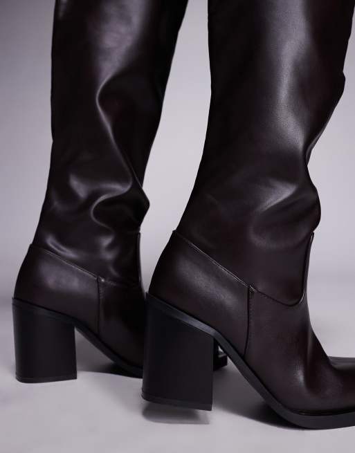 Public Desire Wide Fit Carter over-the-knee block heel boots in dark brown, 3 of 4