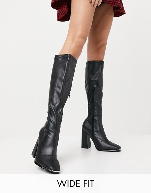 Public Desire Wide Fit Caryn stretch knee boot with toe plating in black