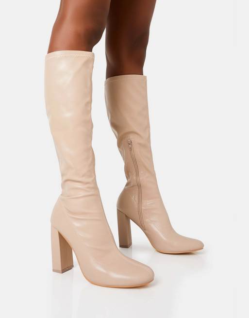 Public Desire Wide Fit Christina wide fit pu pointed toe block heel knee high boots in beige pu