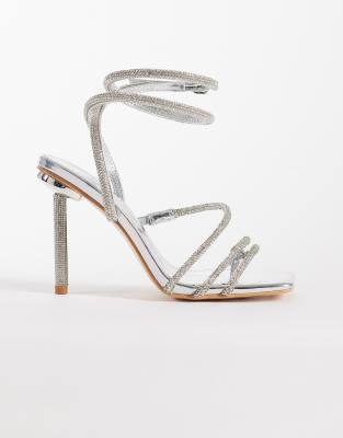 Public Desire Wide Fit Public Desire Wide Fit Clueless strappy square toe diamante heeled sandals-Silver