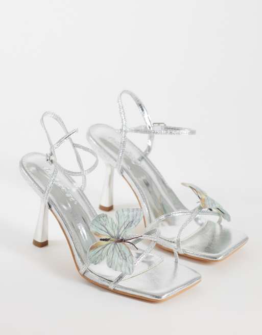 Public Desire Wide Fit Colossus flower barely there heeled sandals in silver, 2 of 4