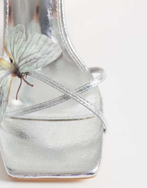 Public Desire Wide Fit Colossus flower barely there heeled sandals in silver, 3 of 4