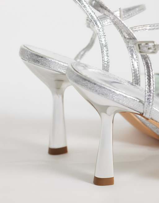 Public Desire Wide Fit Colossus flower barely there heeled sandals in silver, 4 of 4