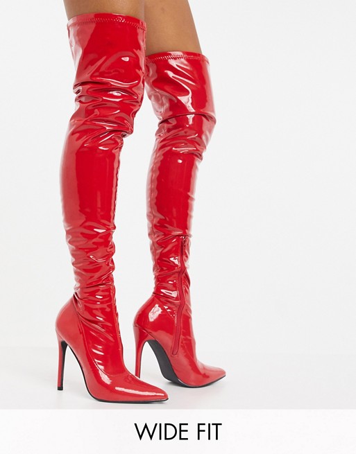 Public Desire Wide Fit Confidence over the knee boot in red vinyl