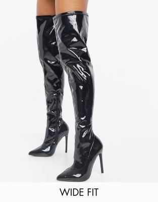 Public Desire Wide Fit Confidence over-the-knee boots in black vinyl