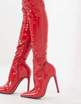 red vinyl thigh high boots