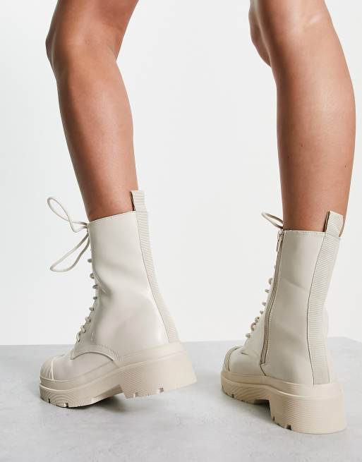 Cream Lace Up Chunky Boots, Footwear