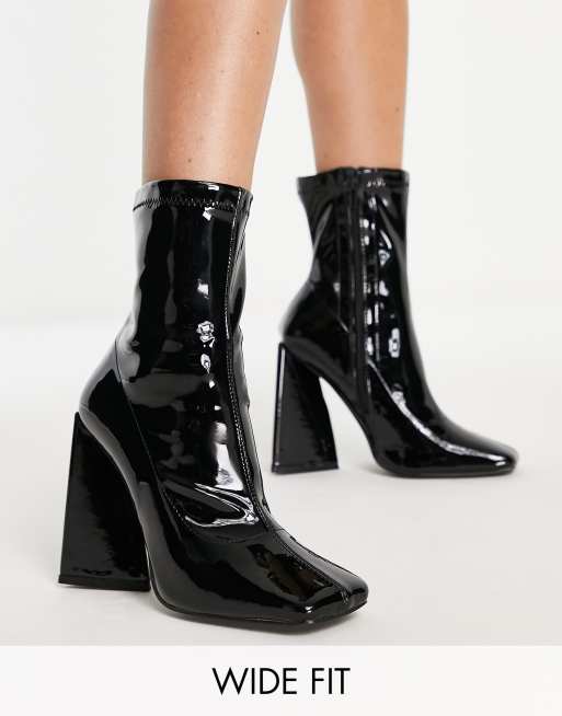 Patent Block Heel Ankle Boots - Black